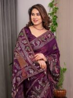 Royal Wine Purple Fendi Satin Peacock & Floral Block and Foil Printed Saree with Traditional Border, Tassel Edges & Attached Blouse - Image 11