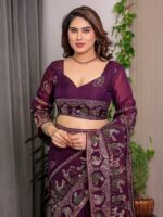 Royal Wine Purple Fendi Satin Peacock & Floral Block and Foil Printed Saree with Traditional Border, Tassel Edges & Attached Blouse - Image 4