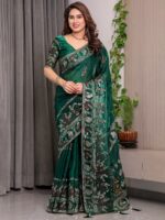 Emerald Green Fendi Satin Peacock & Heritage Motif Block and Foil Printed Saree with Traditional Border, Tassel Edges & Attached Blouse