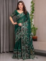 Emerald Green Fendi Satin Peacock & Heritage Motif Block and Foil Printed Saree with Traditional Border, Tassel Edges & Attached Blouse - Image 6