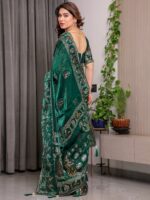 Emerald Green Fendi Satin Peacock & Heritage Motif Block and Foil Printed Saree with Traditional Border, Tassel Edges & Attached Blouse - Image 4