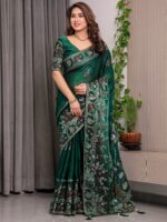 Emerald Green Fendi Satin Peacock & Heritage Motif Block and Foil Printed Saree with Traditional Border, Tassel Edges & Attached Blouse - Image 8