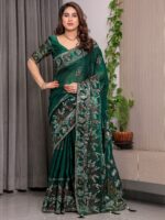 Emerald Green Fendi Satin Peacock & Heritage Motif Block and Foil Printed Saree with Traditional Border, Tassel Edges & Attached Blouse - Image 10