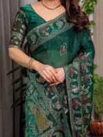 Emerald Green Fendi Satin Peacock & Heritage Motif Block and Foil Printed Saree with Traditional Border, Tassel Edges & Attached Blouse - Image 2
