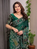 Emerald Green Fendi Satin Peacock & Heritage Motif Block and Foil Printed Saree with Traditional Border, Tassel Edges & Attached Blouse - Image 11