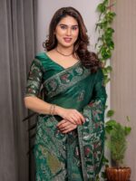 Emerald Green Fendi Satin Peacock & Heritage Motif Block and Foil Printed Saree with Traditional Border, Tassel Edges & Attached Blouse - Image 7