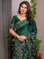 Emerald Green Fendi Satin Peacock & Heritage Motif Block and Foil Printed Saree with Traditional Border, Tassel Edges & Attached Blouse - Image 9