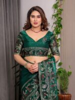 Emerald Green Fendi Satin Peacock & Heritage Motif Block and Foil Printed Saree with Traditional Border, Tassel Edges & Attached Blouse - Image 3
