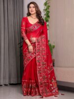 Classic Red Fendi Satin Peacock & Heritage Motif Block and Foil Printed Saree with Rich Border, Tassel Finish & Attached Blouse - Image 6