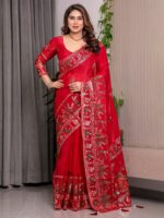 Classic Red Fendi Satin Peacock & Heritage Motif Block and Foil Printed Saree with Rich Border, Tassel Finish & Attached Blouse - Image 8