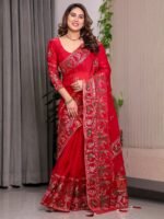 Classic Red Fendi Satin Peacock & Heritage Motif Block and Foil Printed Saree with Rich Border, Tassel Finish & Attached Blouse - Image 10