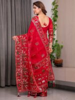 Classic Red Fendi Satin Peacock & Heritage Motif Block and Foil Printed Saree with Rich Border, Tassel Finish & Attached Blouse - Image 4