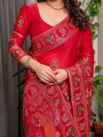 Classic Red Fendi Satin Peacock & Heritage Motif Block and Foil Printed Saree with Rich Border, Tassel Finish & Attached Blouse - Image 2
