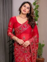 Classic Red Fendi Satin Peacock & Heritage Motif Block and Foil Printed Saree with Rich Border, Tassel Finish & Attached Blouse - Image 9