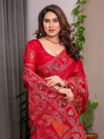 Classic Red Fendi Satin Peacock & Heritage Motif Block and Foil Printed Saree with Rich Border, Tassel Finish & Attached Blouse - Image 11