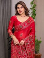 Classic Red Fendi Satin Peacock & Heritage Motif Block and Foil Printed Saree with Rich Border, Tassel Finish & Attached Blouse - Image 7