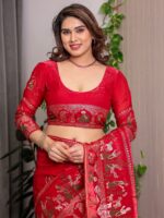 Classic Red Fendi Satin Peacock & Heritage Motif Block and Foil Printed Saree with Rich Border, Tassel Finish & Attached Blouse - Image 3