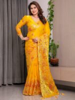Mustard Yellow Fendi Satin Peacock & Heritage Motif Block and Foil Printed Saree with Rich Pallu, Tassel Edges & Attached Blouse - Image 6