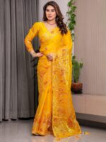 Mustard Yellow Fendi Satin Peacock & Heritage Motif Block and Foil Printed Saree with Rich Pallu, Tassel Edges & Attached Blouse - Image 10