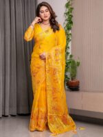 Mustard Yellow Fendi Satin Peacock & Heritage Motif Block and Foil Printed Saree with Rich Pallu, Tassel Edges & Attached Blouse - Image 8