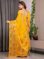 Mustard Yellow Fendi Satin Peacock & Heritage Motif Block and Foil Printed Saree with Rich Pallu, Tassel Edges & Attached Blouse - Image 4
