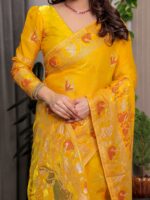Mustard Yellow Fendi Satin Peacock & Heritage Motif Block and Foil Printed Saree with Rich Pallu, Tassel Edges & Attached Blouse - Image 2