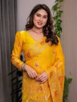 Mustard Yellow Fendi Satin Peacock & Heritage Motif Block and Foil Printed Saree with Rich Pallu, Tassel Edges & Attached Blouse - Image 5