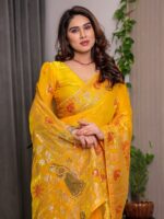 Mustard Yellow Fendi Satin Peacock & Heritage Motif Block and Foil Printed Saree with Rich Pallu, Tassel Edges & Attached Blouse - Image 7