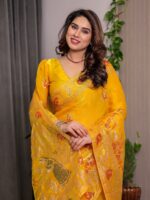 Mustard Yellow Fendi Satin Peacock & Heritage Motif Block and Foil Printed Saree with Rich Pallu, Tassel Edges & Attached Blouse - Image 9