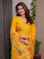 Mustard Yellow Fendi Satin Peacock & Heritage Motif Block and Foil Printed Saree with Rich Pallu, Tassel Edges & Attached Blouse - Image 11