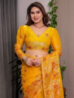 Mustard Yellow Fendi Satin Peacock & Heritage Motif Block and Foil Printed Saree with Rich Pallu, Tassel Edges & Attached Blouse - Image 3