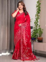 Ruby Red Fendi Satin Block & Foil Print Saree with Attached Blouse & Tassel Detailing - Image 6