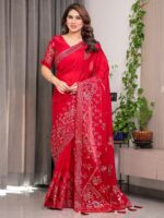 Ruby Red Fendi Satin Block & Foil Print Saree with Attached Blouse & Tassel Detailing - Image 8