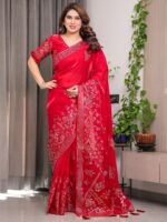 Ruby Red Fendi Satin Block & Foil Print Saree with Attached Blouse & Tassel Detailing - Image 10