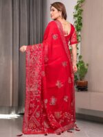 Ruby Red Fendi Satin Block & Foil Print Saree with Attached Blouse & Tassel Detailing - Image 3