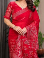 Ruby Red Fendi Satin Block & Foil Print Saree with Attached Blouse & Tassel Detailing - Image 2