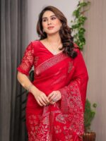 Ruby Red Fendi Satin Block & Foil Print Saree with Attached Blouse & Tassel Detailing - Image 9