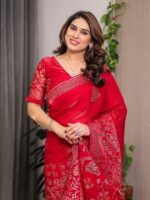 Ruby Red Fendi Satin Block & Foil Print Saree with Attached Blouse & Tassel Detailing - Image 7