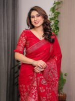 Ruby Red Fendi Satin Block & Foil Print Saree with Attached Blouse & Tassel Detailing - Image 11