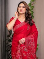 Ruby Red Fendi Satin Block & Foil Print Saree with Attached Blouse & Tassel Detailing - Image 5