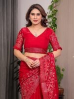 Ruby Red Fendi Satin Block & Foil Print Saree with Attached Blouse & Tassel Detailing - Image 4