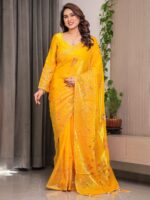 Sunshine Yellow Fendi Satin Block & Foil Print Saree with Attached Blouse & Tassel Detailing - Image 6