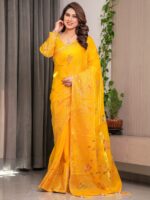 Sunshine Yellow Fendi Satin Block & Foil Print Saree with Attached Blouse & Tassel Detailing - Image 8