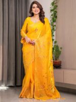 Sunshine Yellow Fendi Satin Block & Foil Print Saree with Attached Blouse & Tassel Detailing - Image 10