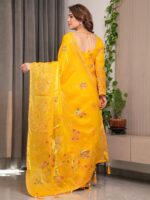 Sunshine Yellow Fendi Satin Block & Foil Print Saree with Attached Blouse & Tassel Detailing - Image 4