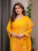 Sunshine Yellow Fendi Satin Block & Foil Print Saree with Attached Blouse & Tassel Detailing - Image 9