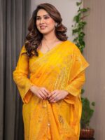 Sunshine Yellow Fendi Satin Block & Foil Print Saree with Attached Blouse & Tassel Detailing - Image 7