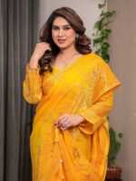 Sunshine Yellow Fendi Satin Block & Foil Print Saree with Attached Blouse & Tassel Detailing - Image 11