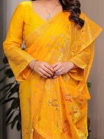 Sunshine Yellow Fendi Satin Block & Foil Print Saree with Attached Blouse & Tassel Detailing - Image 2