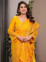 Sunshine Yellow Fendi Satin Block & Foil Print Saree with Attached Blouse & Tassel Detailing - Image 5